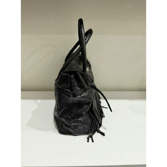 Studio LX Fringe Birkin Snake Black Leather Textured Satchel Handbag - Picture 2 of 11